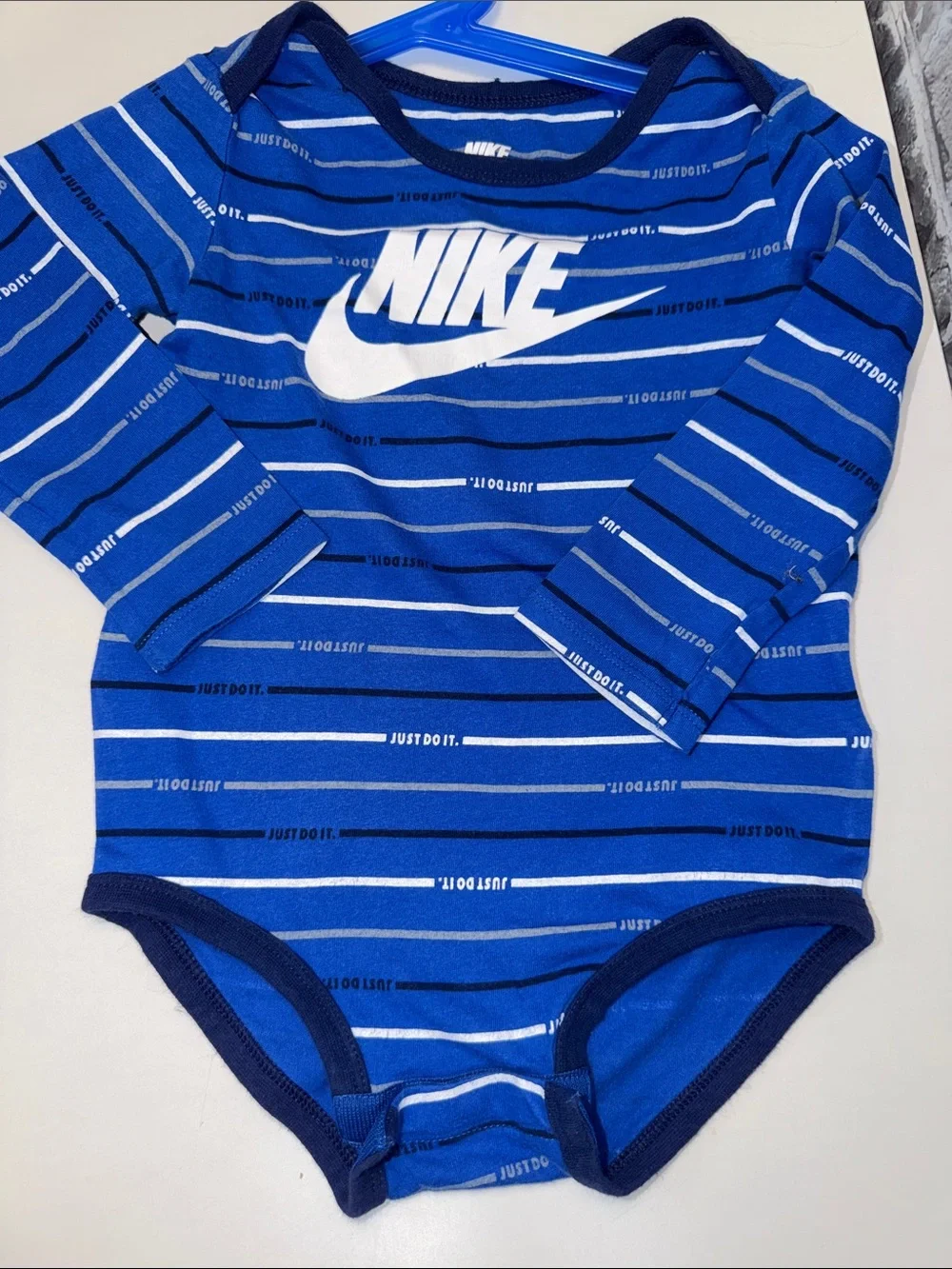 Nike Blue and White‎ Striped Long-Sleeve Baby Bodysuit